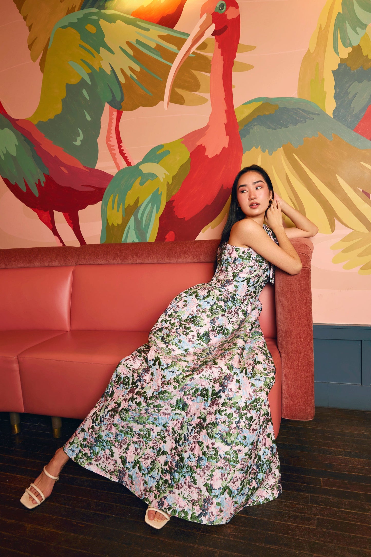 Robe Caroline en jacquard floral abstrait rose