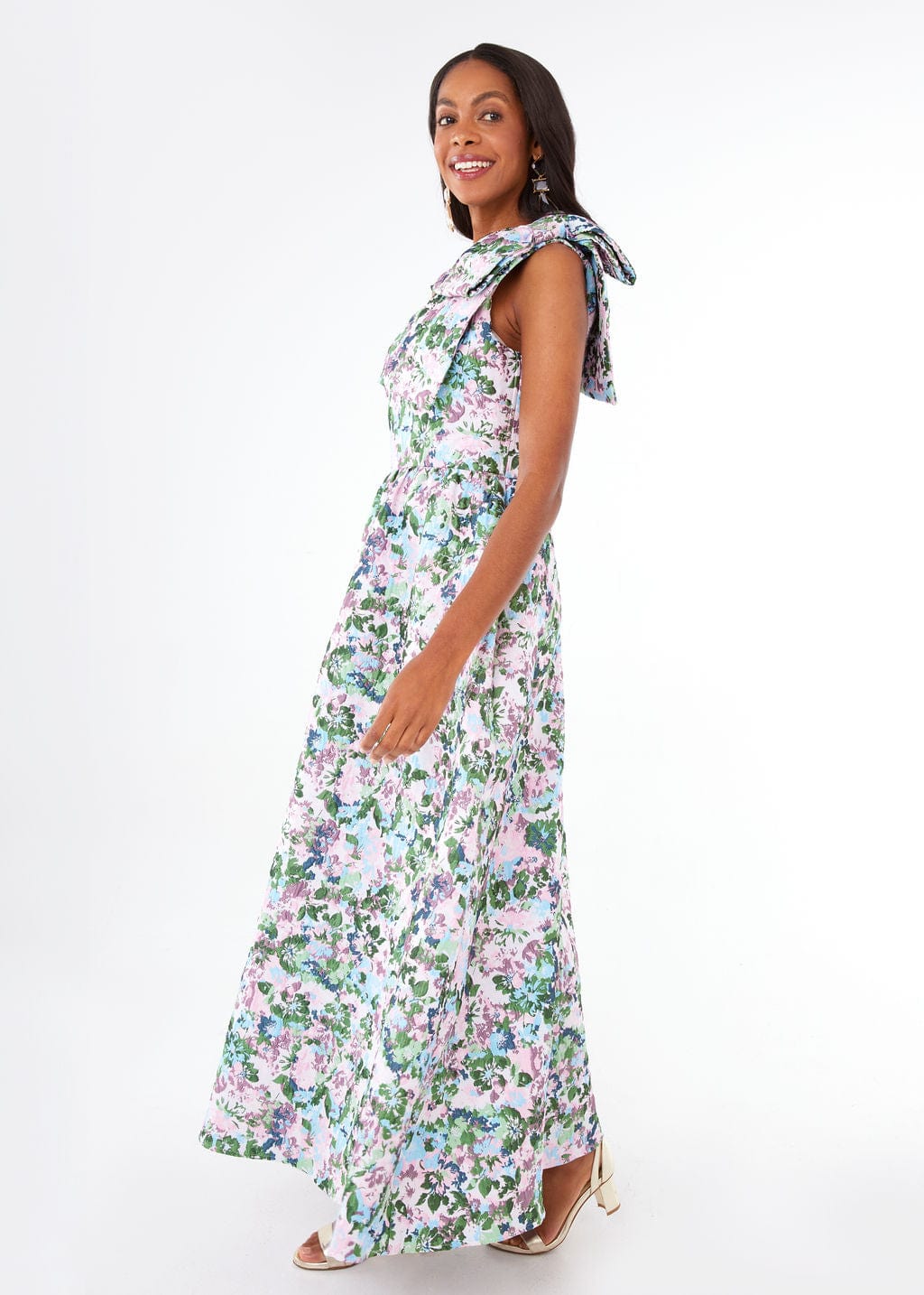 Robe Caroline en jacquard floral abstrait rose