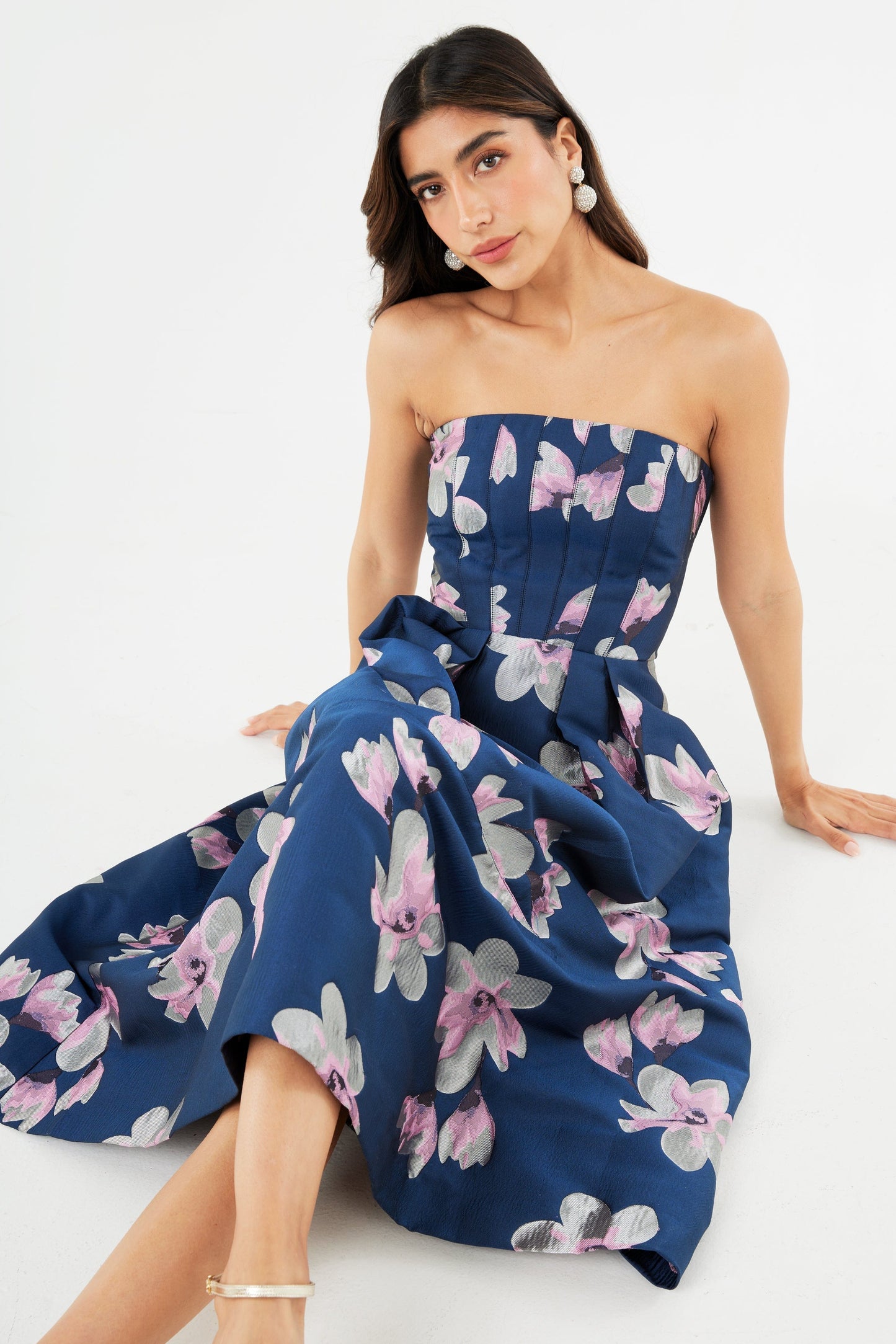 Robe Catherine en jacquard bleu plumeria