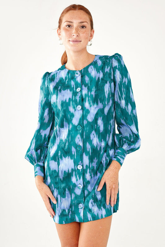 Robe Ellen en mousseline de soie ikat bleu sarcelle