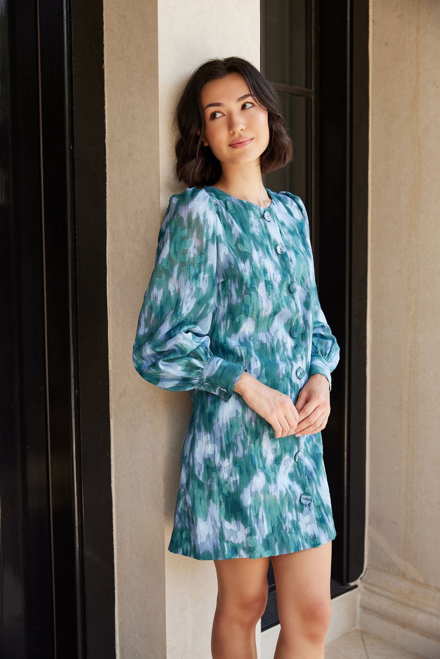 Robe Ellen en mousseline de soie ikat bleu sarcelle
