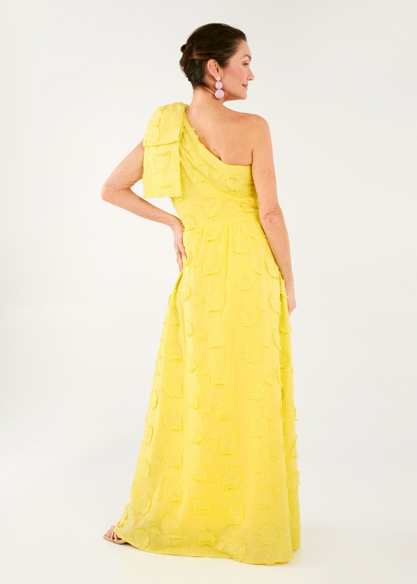Robe Caroline en coton à fleurs 3D jaune vif