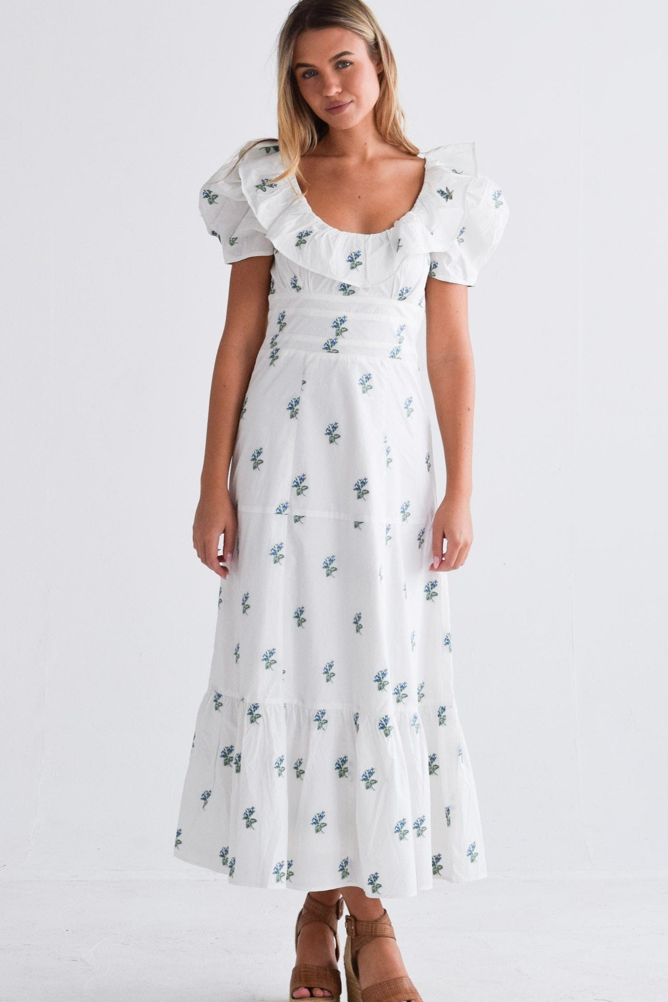 Robe longue Chloé en jacquard fleuri bleu vert