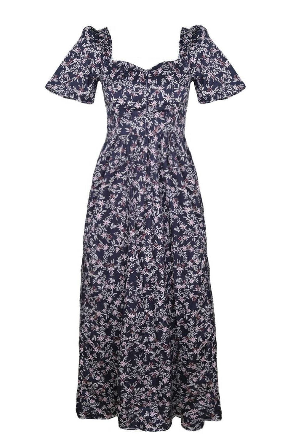 Robe longue Beatrice à décolleté en cœur / Coton fleuri noir