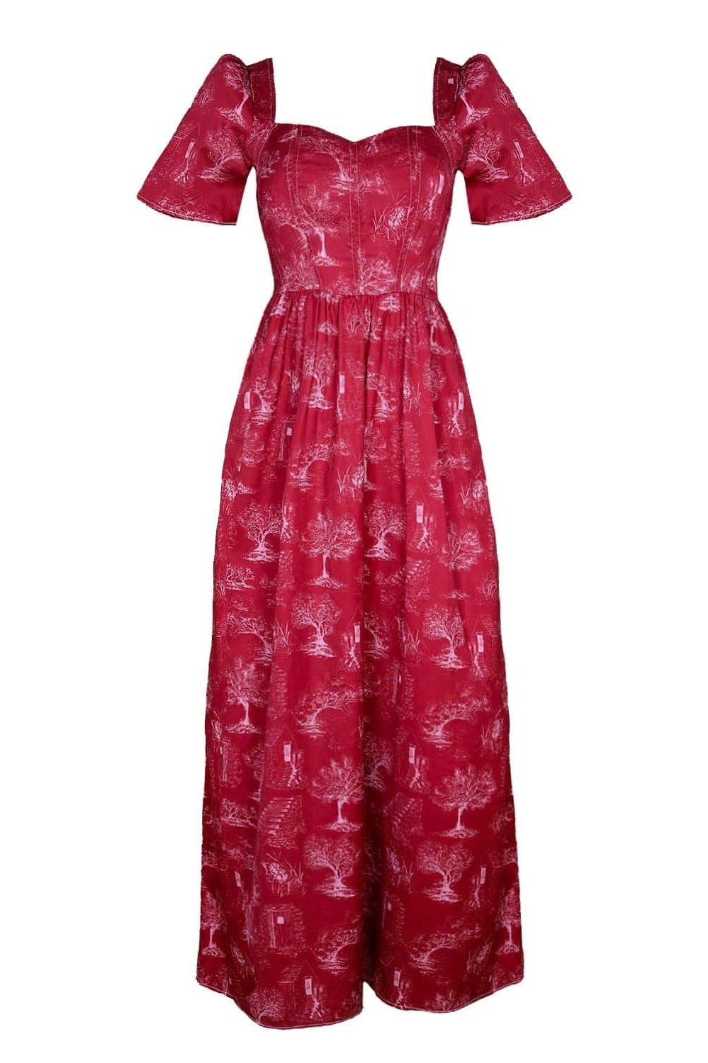Robe longue Beatrice à décolleté en cœur / Toile de coton rouge rubis + albâtre