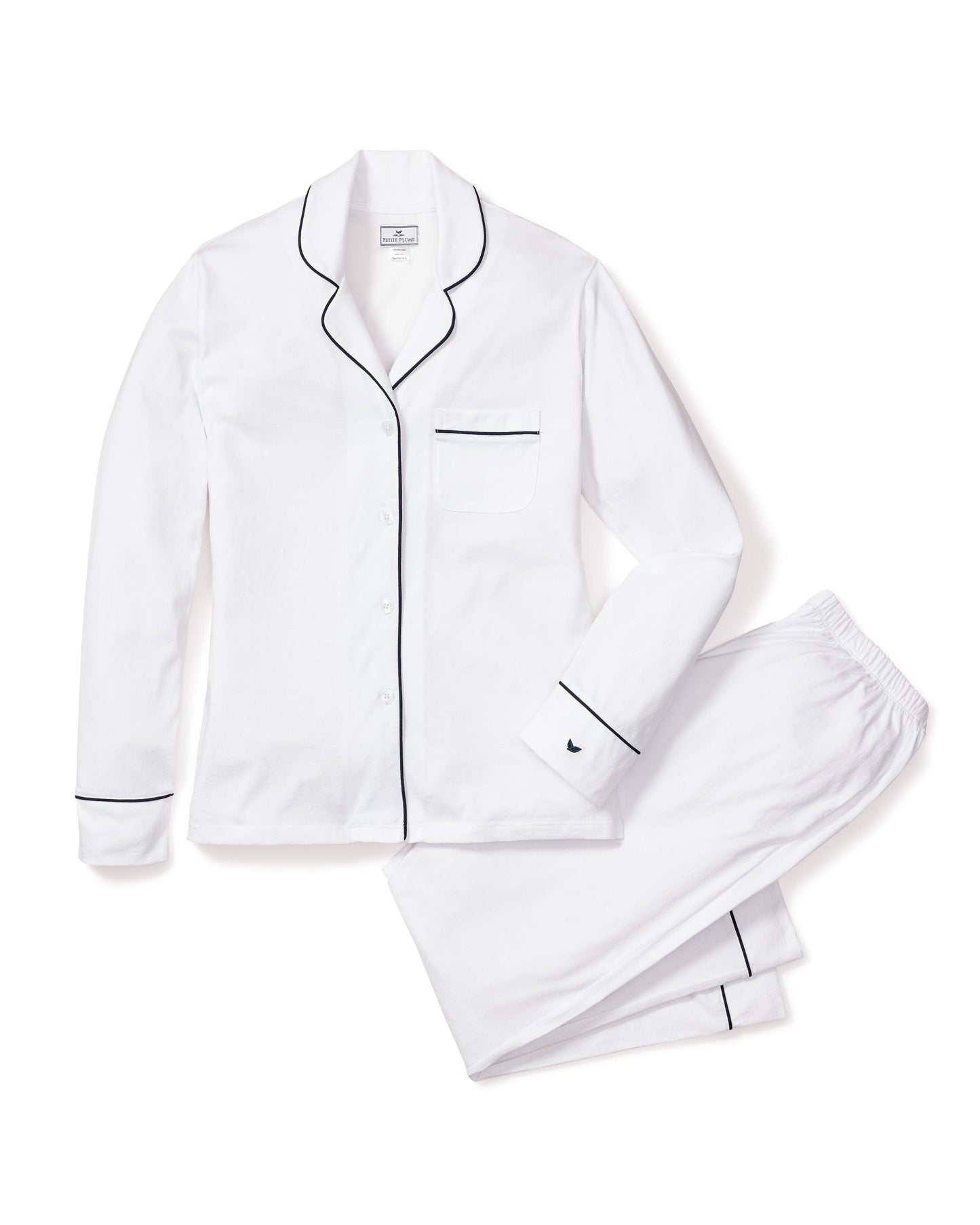 Ensemble pyjama Pima pour femme en blanc avec passepoil bleu marine