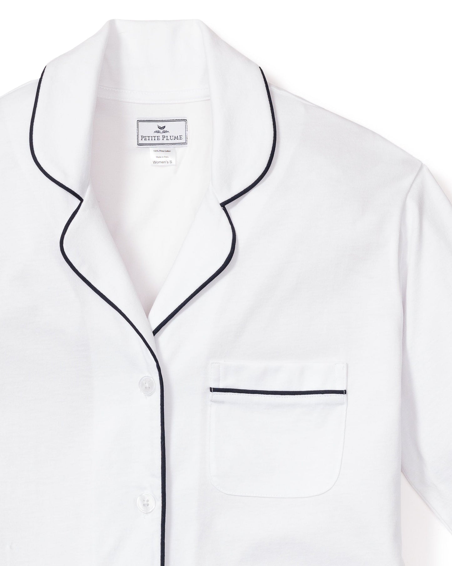 Ensemble pyjama Pima pour femme en blanc avec passepoil bleu marine