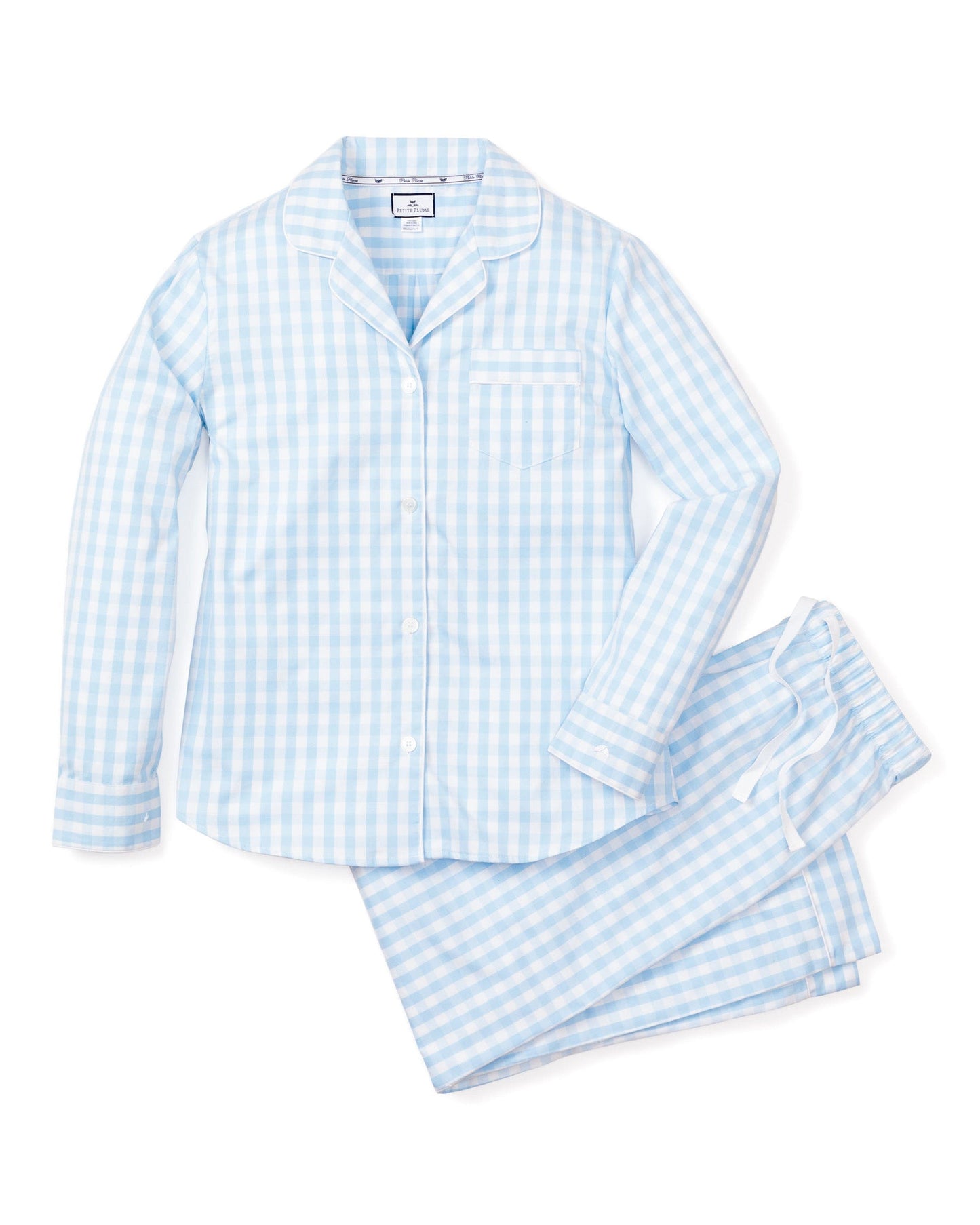 Ensemble de pyjama en sergé pour femme à carreaux vichy bleu clair