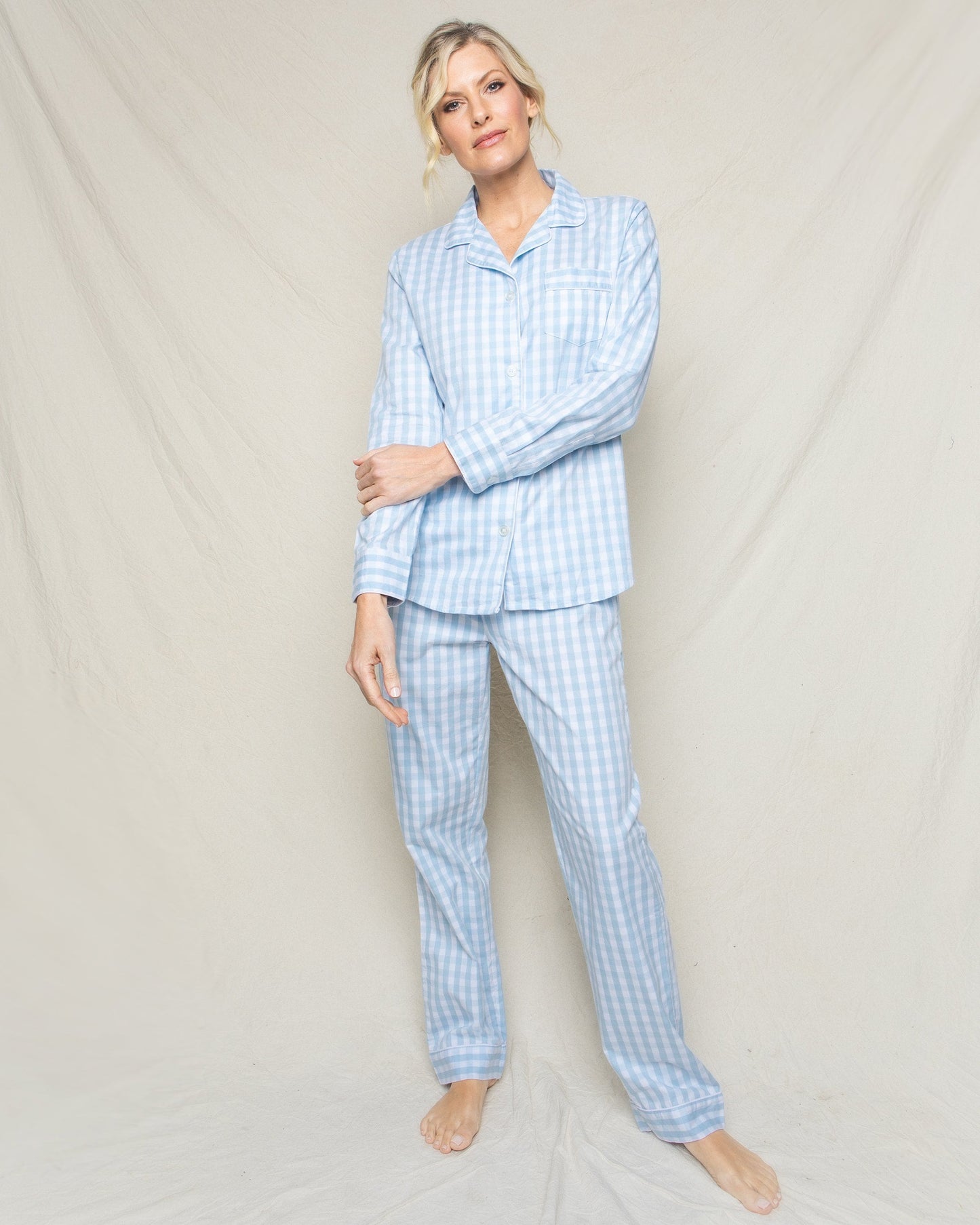 Ensemble de pyjama en sergé pour femme à carreaux vichy bleu clair