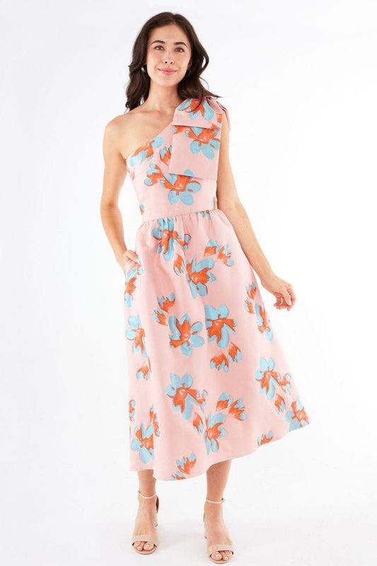 Robe Caroline en jacquard rose plumeria