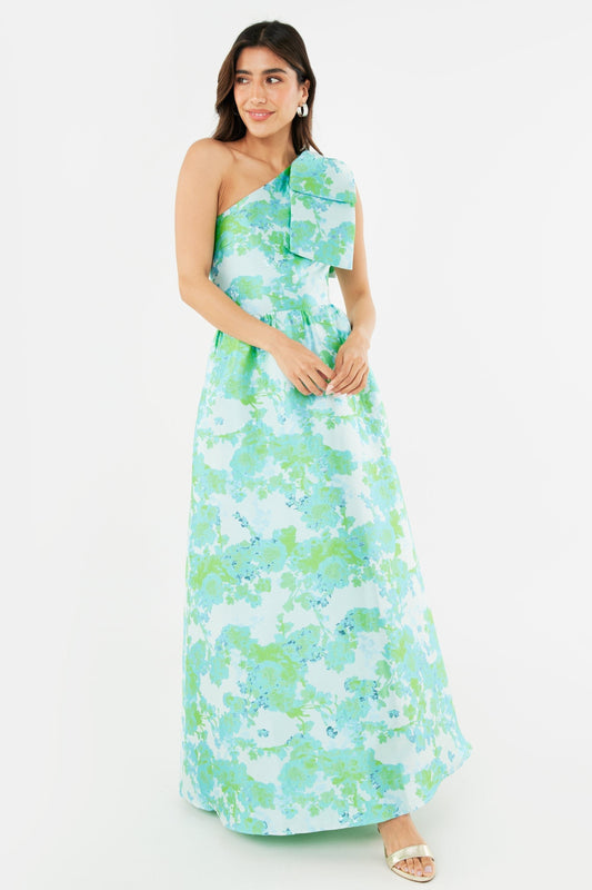 Robe Caroline en brocart abstrait vert