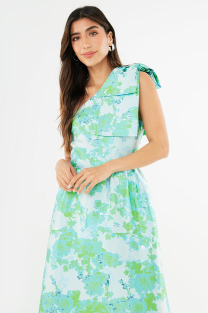 Robe Caroline en brocart abstrait vert