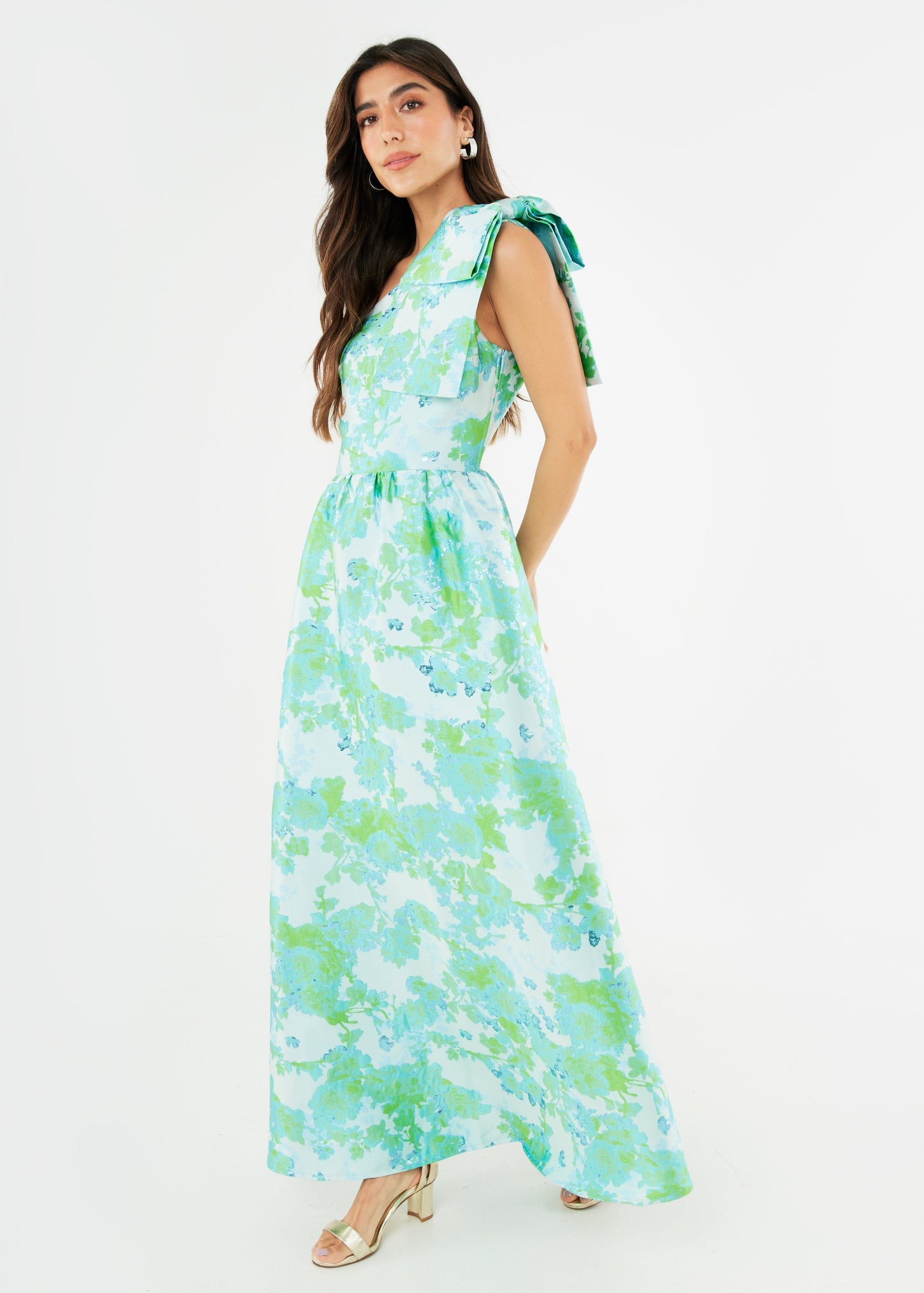 Robe Caroline en brocart abstrait vert