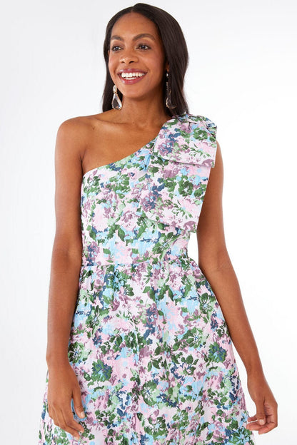 Robe Caroline en jacquard floral abstrait rose