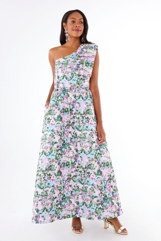 Robe Caroline en jacquard floral abstrait rose