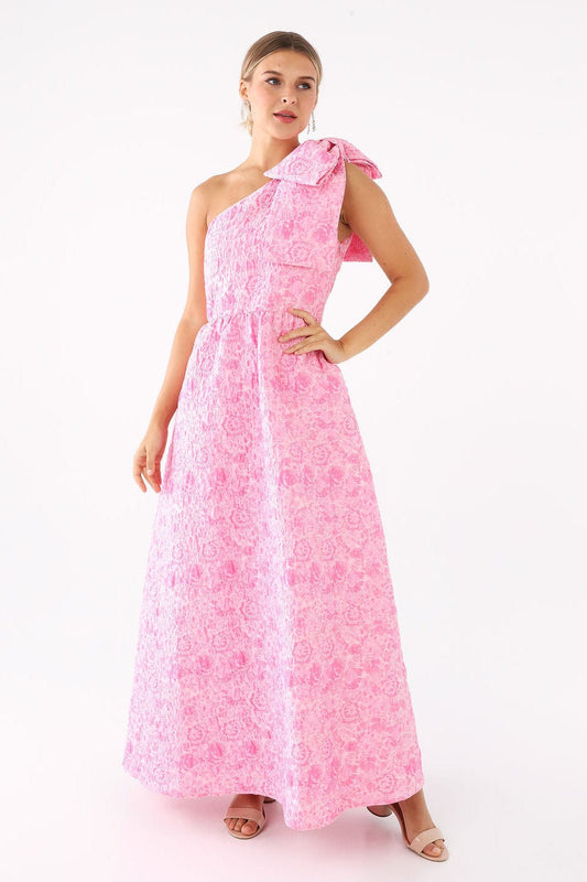 Robe Caroline en jacquard rose à bulles