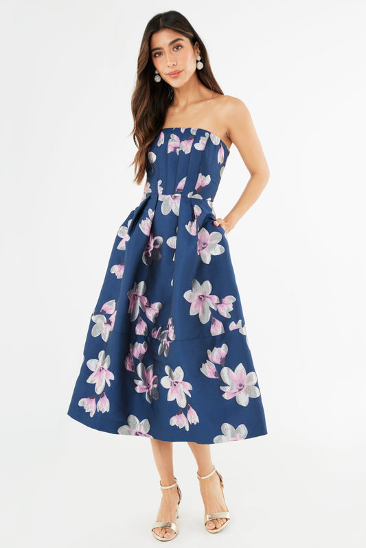 Robe Catherine en jacquard bleu plumeria