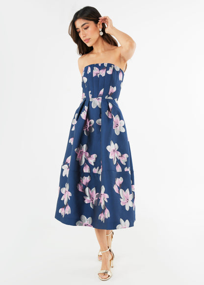 Robe Catherine en jacquard bleu plumeria
