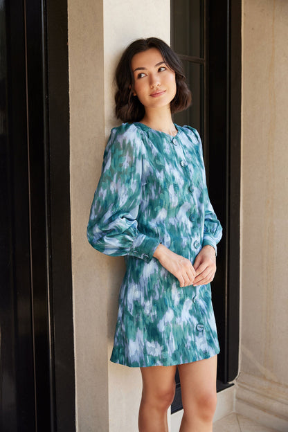 Robe Ellen en mousseline de soie ikat bleu sarcelle