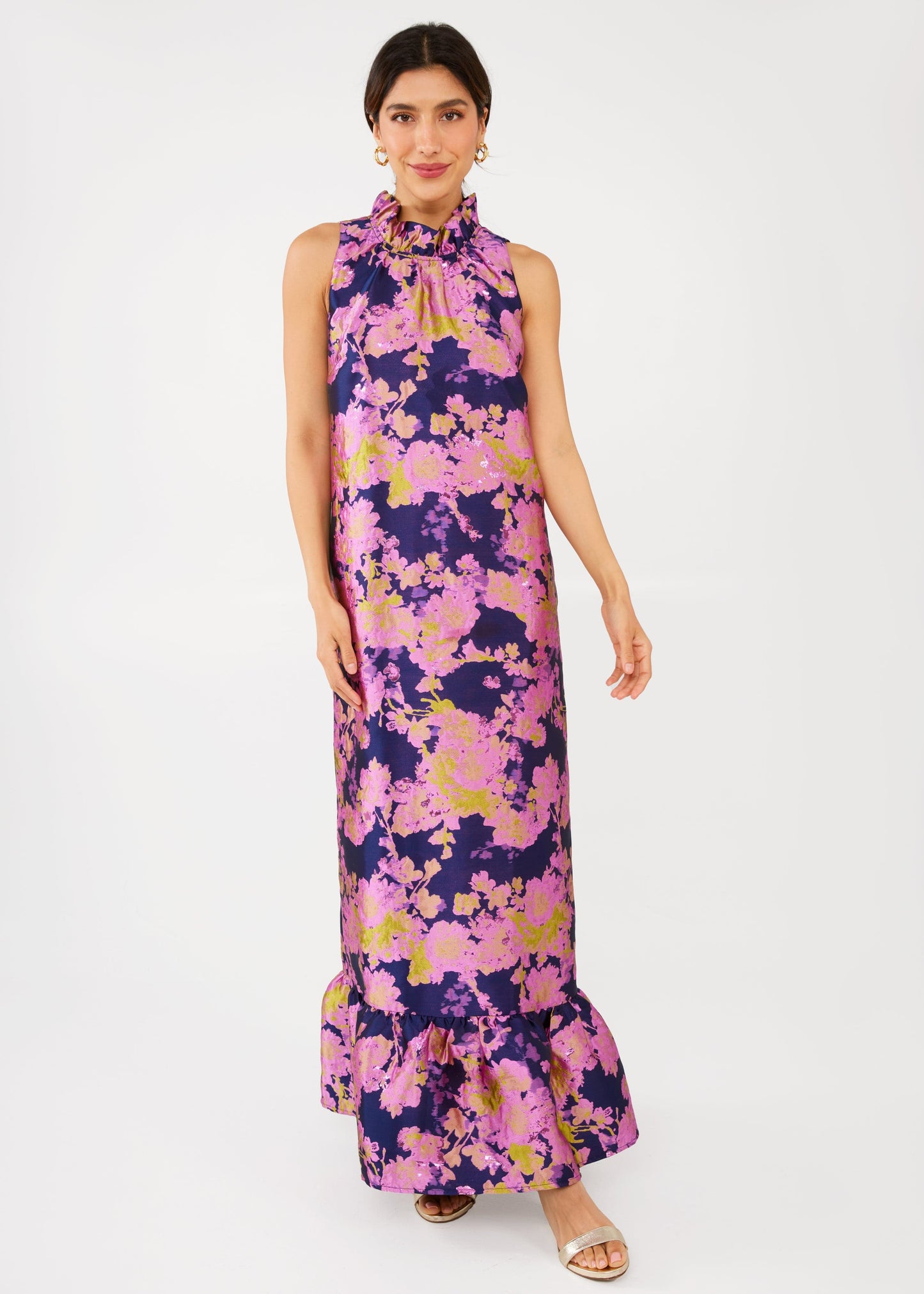 Robe Camille en brocart abstrait bleu marine