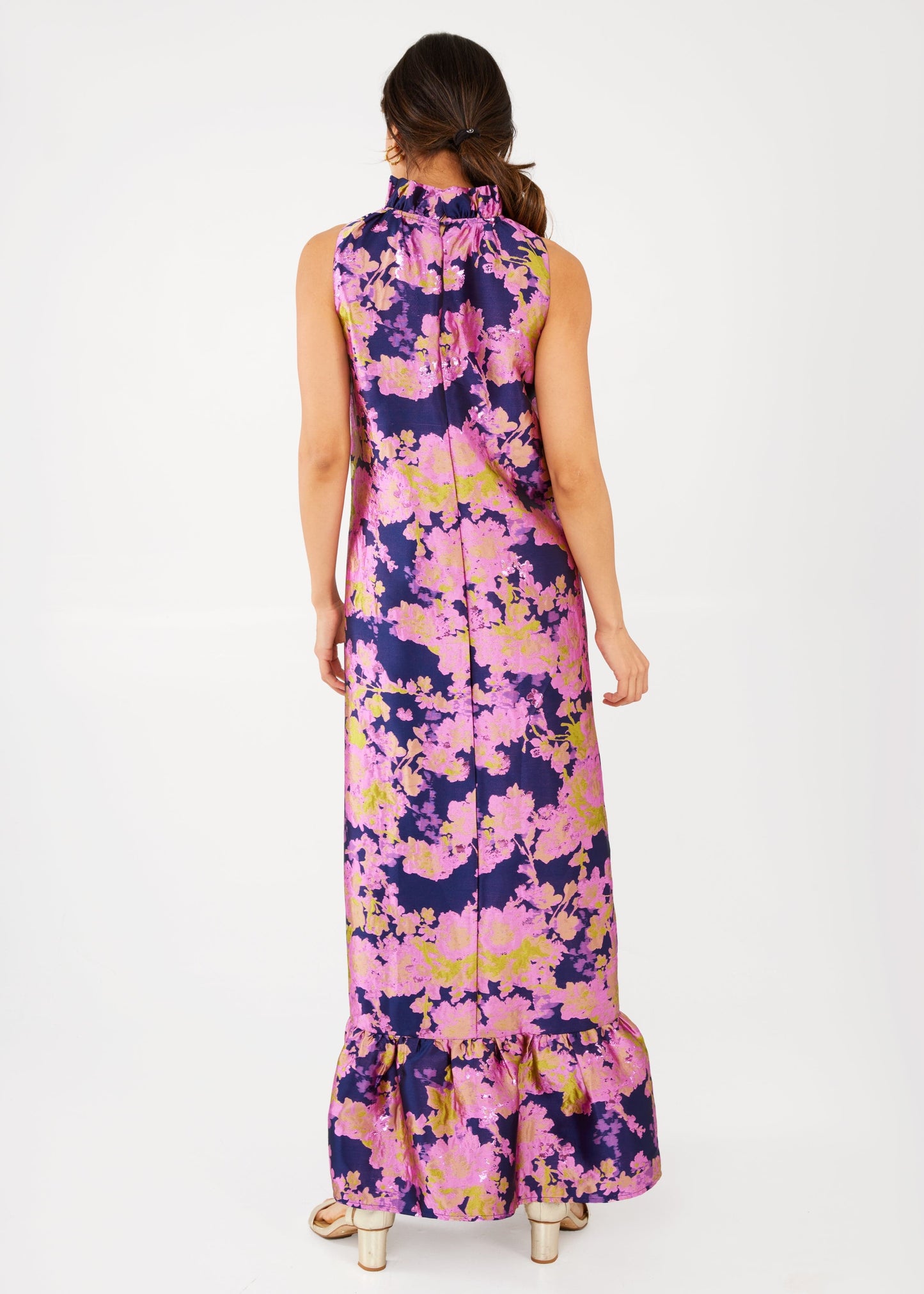 Robe Camille en brocart abstrait bleu marine