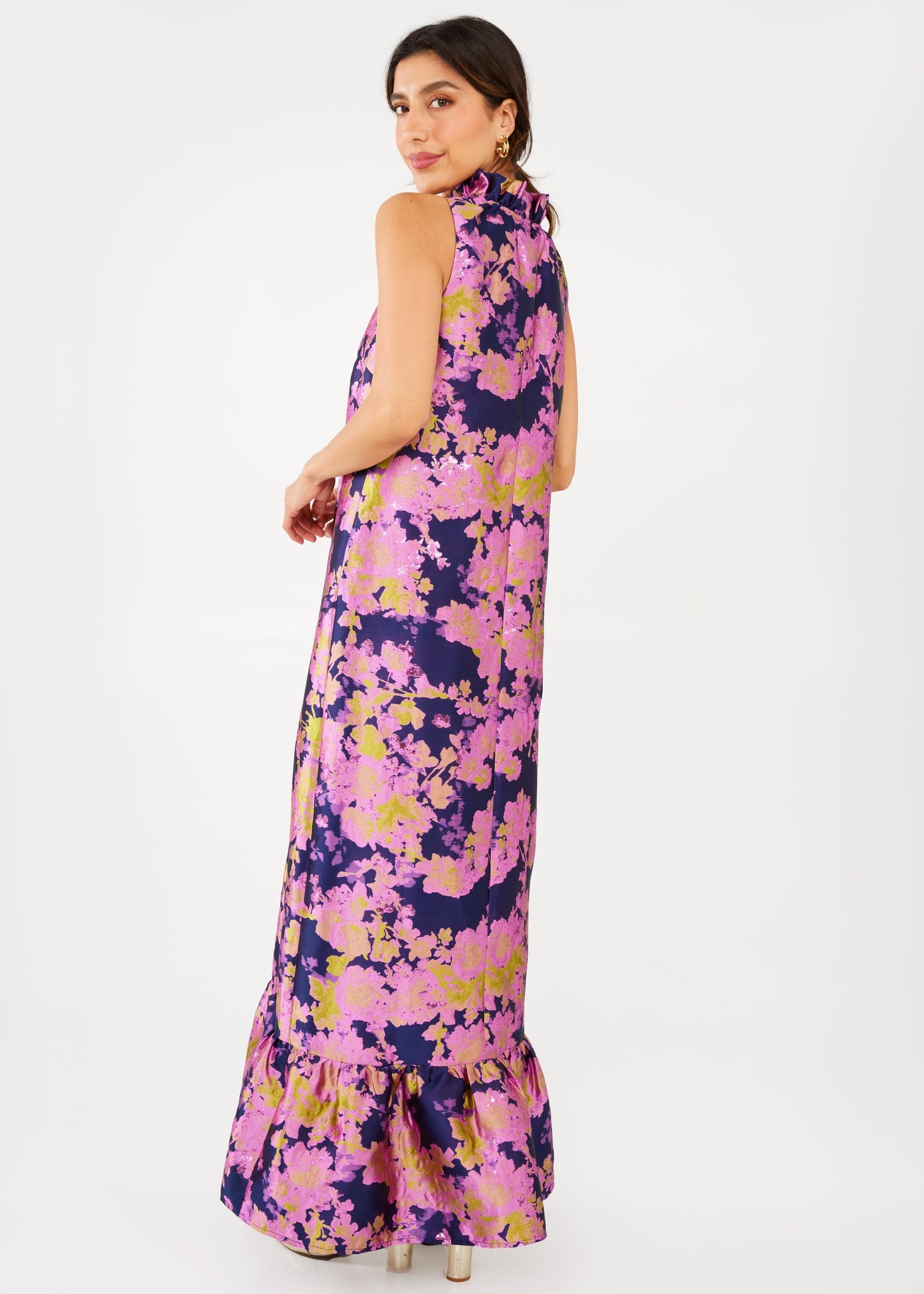 Robe Camille en brocart abstrait bleu marine