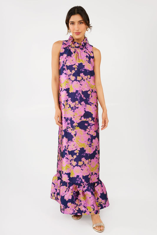 Robe Camille en brocart abstrait bleu marine