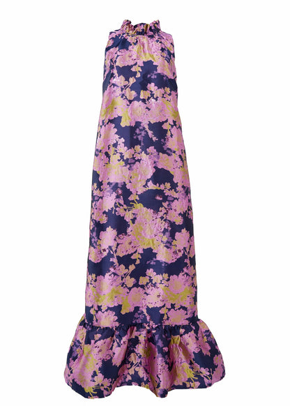 Robe Camille en brocart abstrait bleu marine