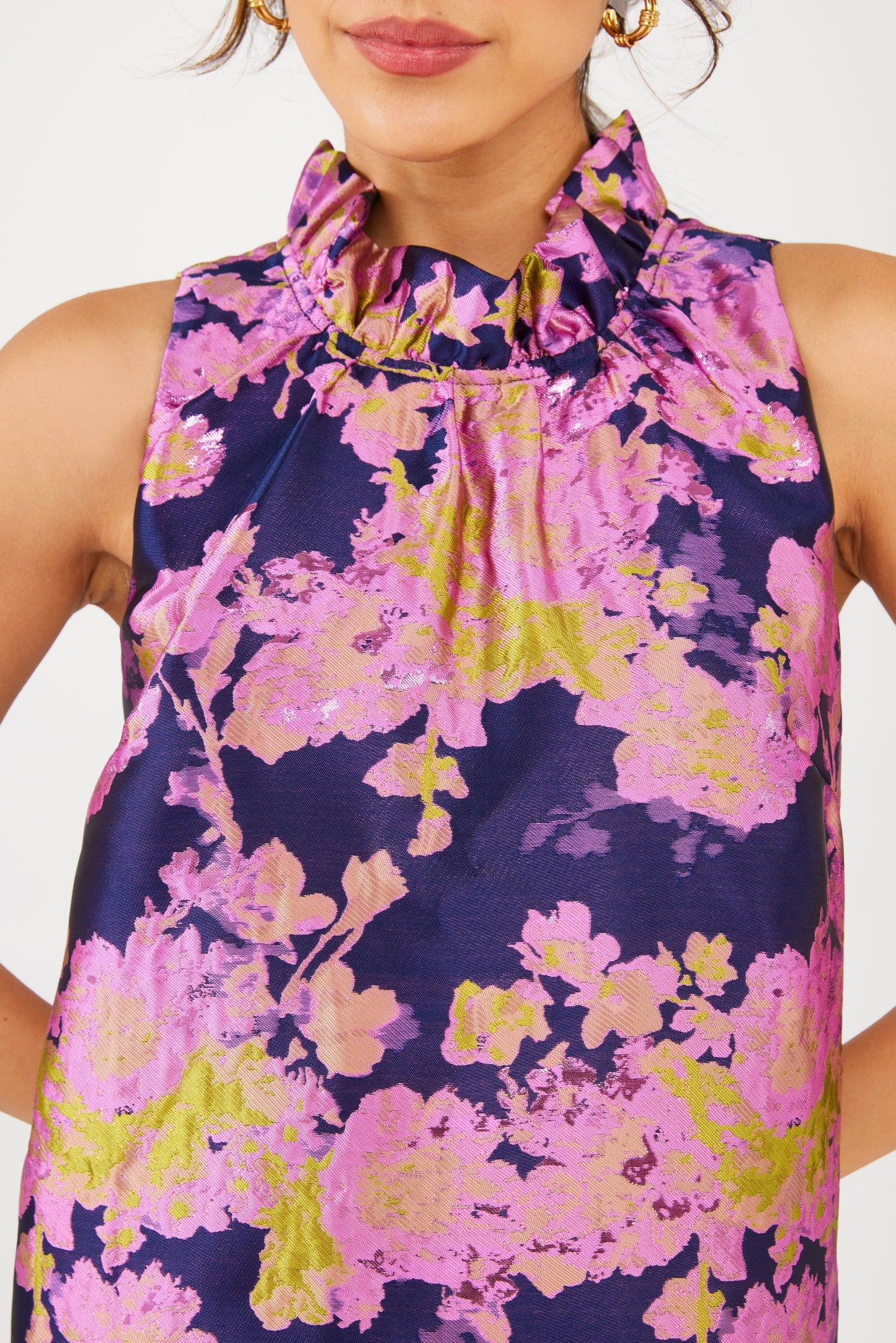 Robe Camille en brocart abstrait bleu marine