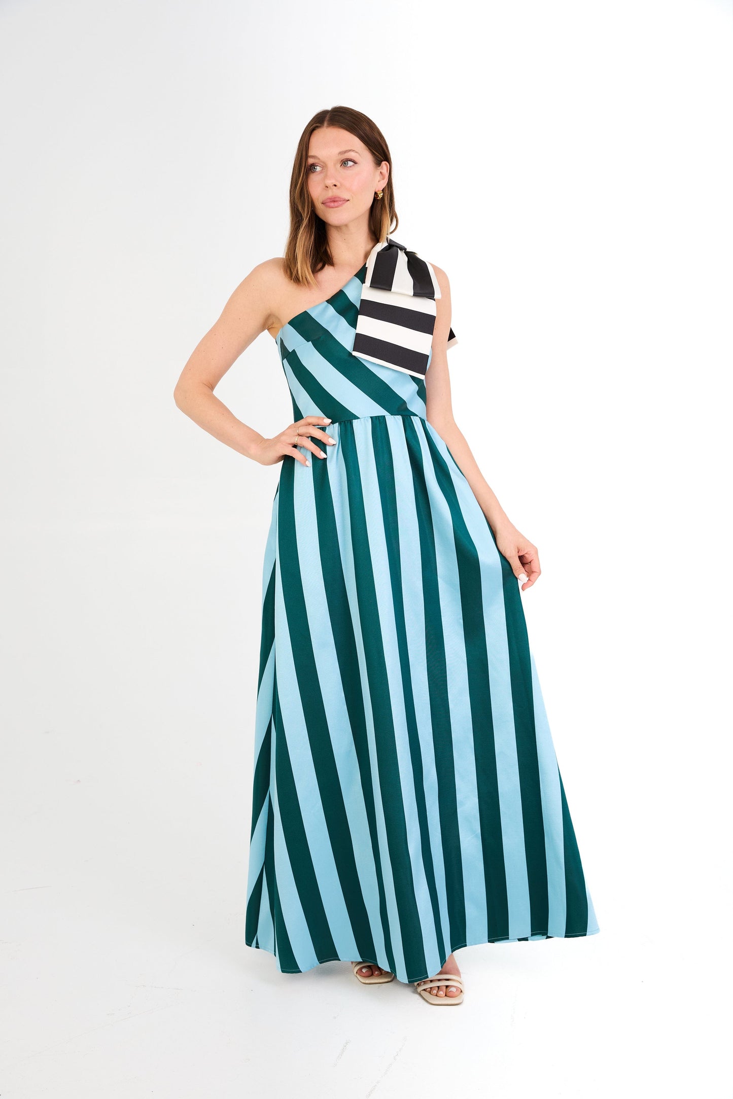 Robe Caroline en mikado à rayures bleues
