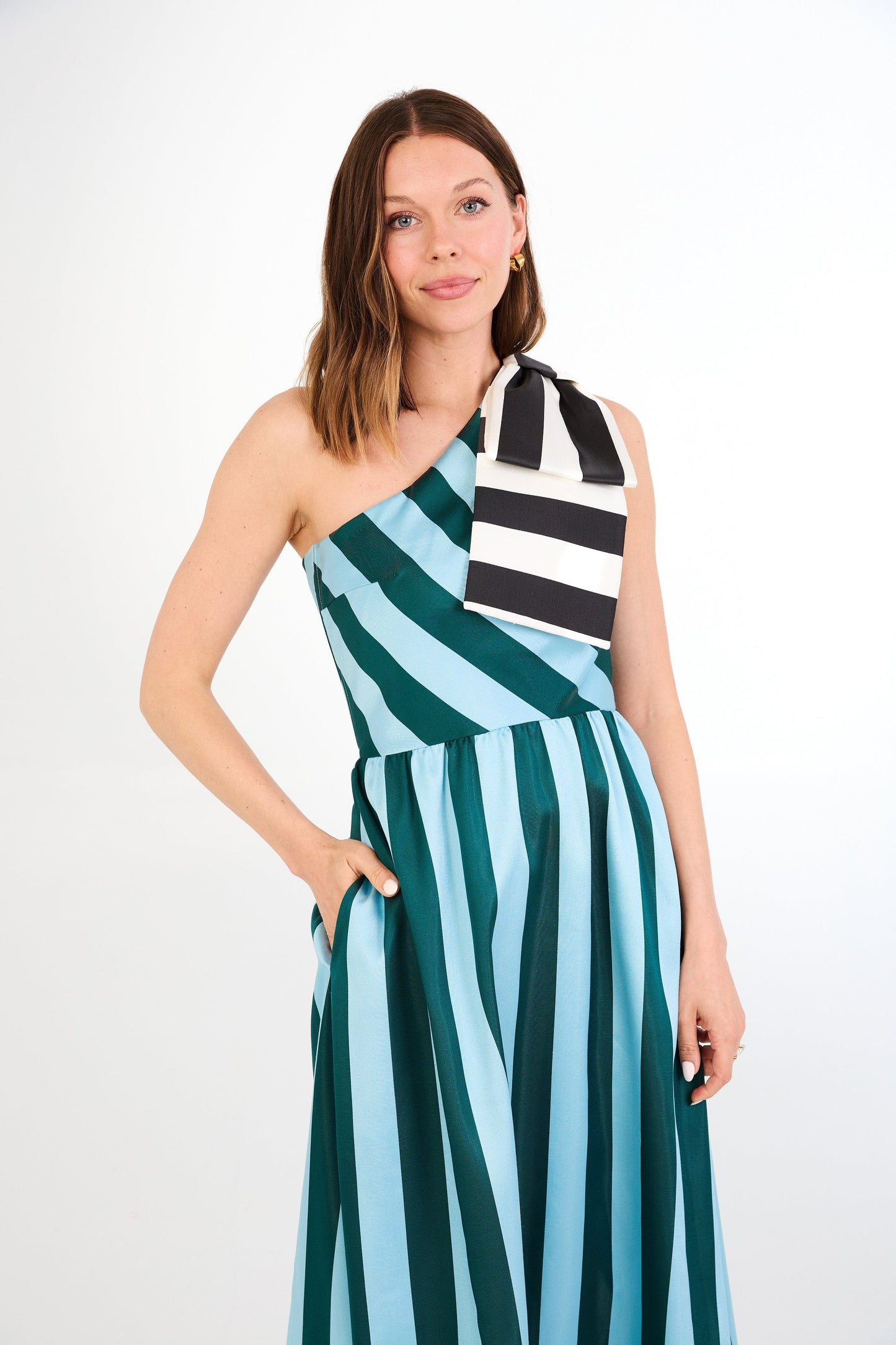 Robe Caroline en mikado à rayures bleues