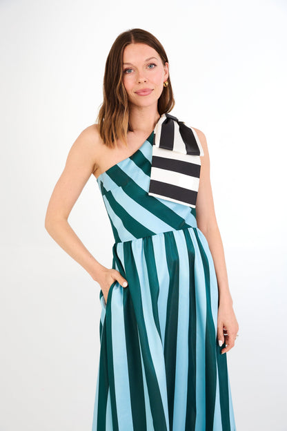 Robe Caroline en mikado à rayures bleues