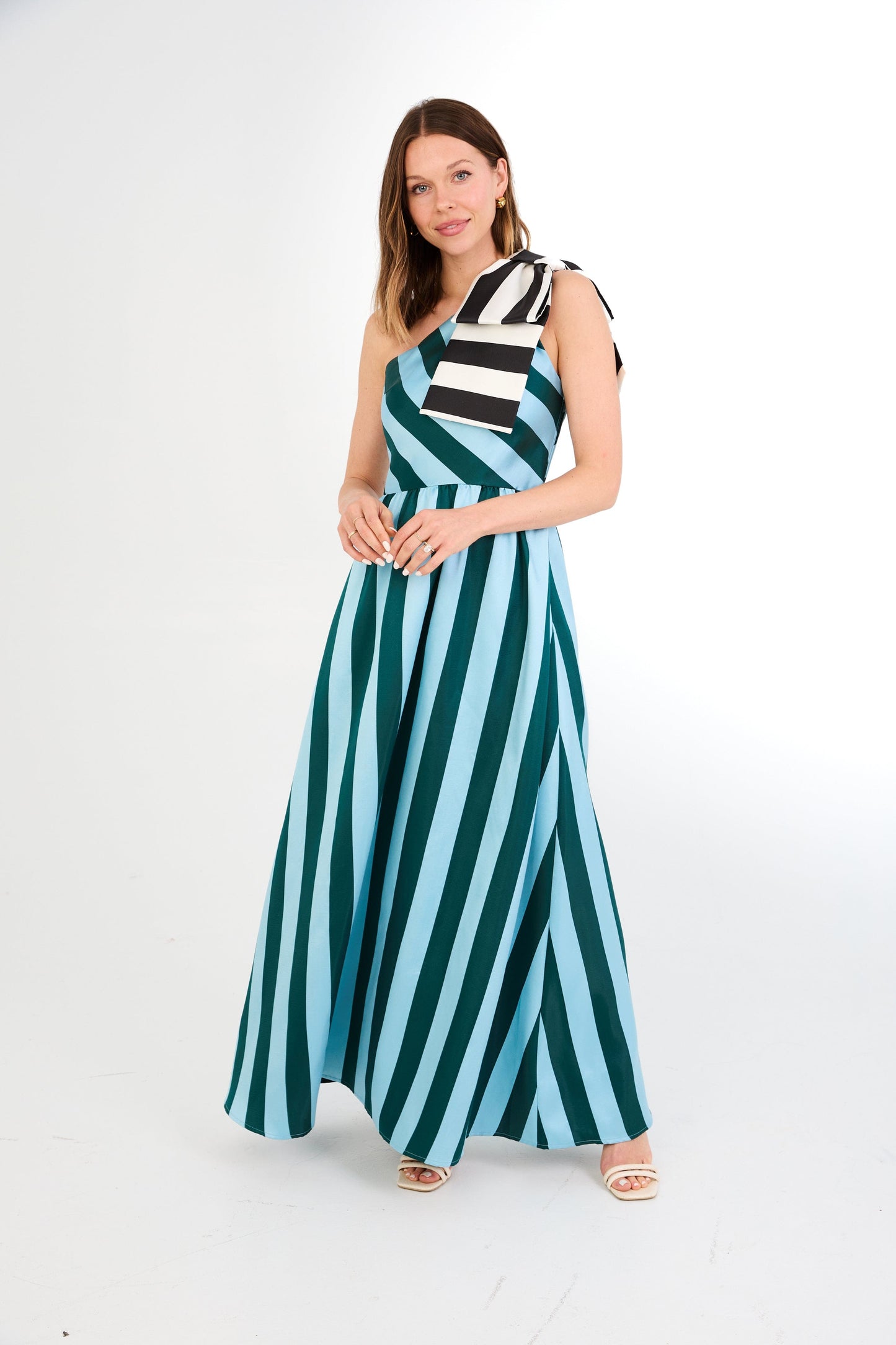 Robe Caroline en mikado à rayures bleues