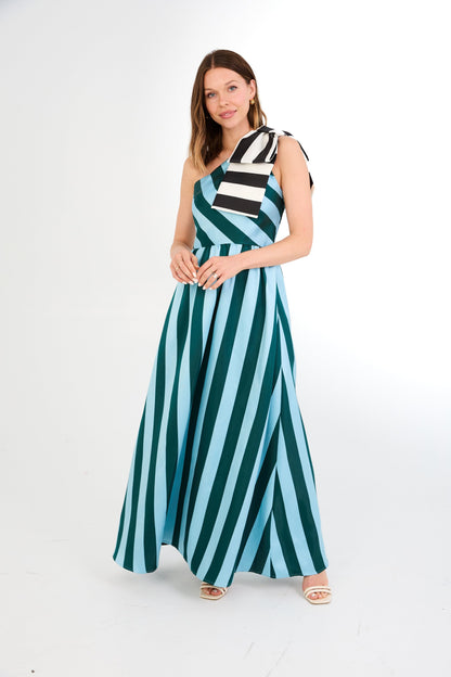 Robe Caroline en mikado à rayures bleues