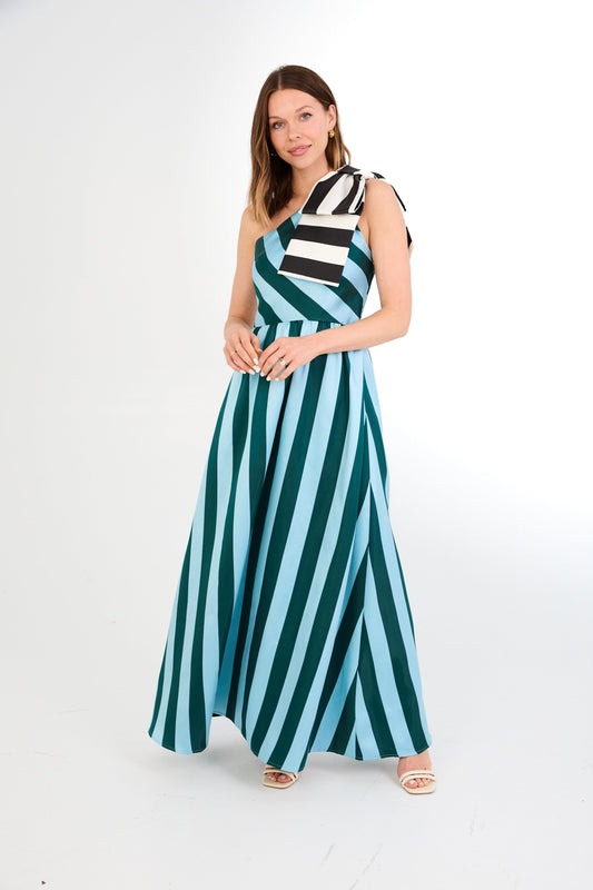 Robe Caroline en mikado à rayures bleues