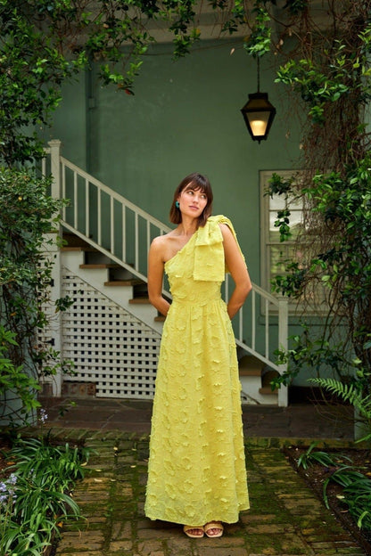 Robe Caroline en coton à fleurs 3D jaune vif