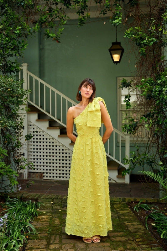 Robe Caroline en coton à fleurs 3D jaune vif