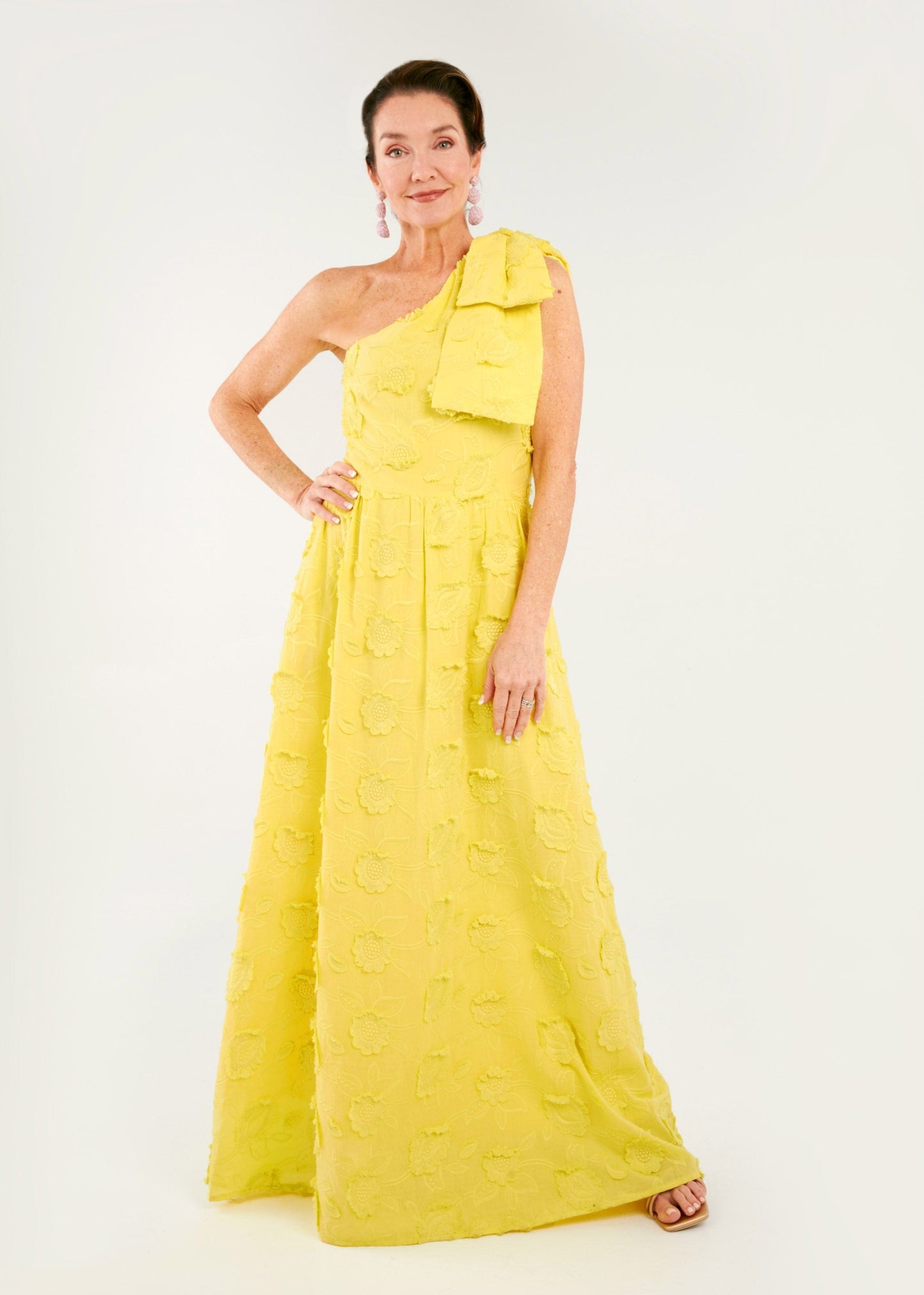 Robe Caroline en coton à fleurs 3D jaune vif