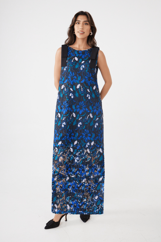 Robe Michelle en dentelle florale bleue à marguerites