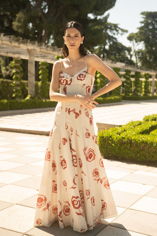 Robe longue Rosetta ivoire rouge