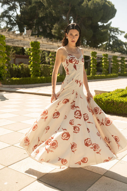 Robe longue Rosetta ivoire rouge