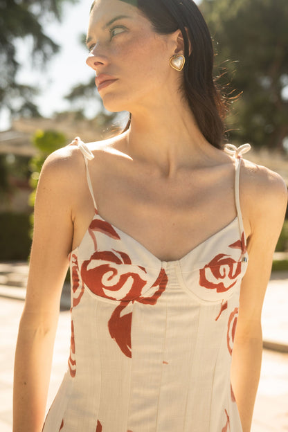 Robe longue Rosetta ivoire rouge