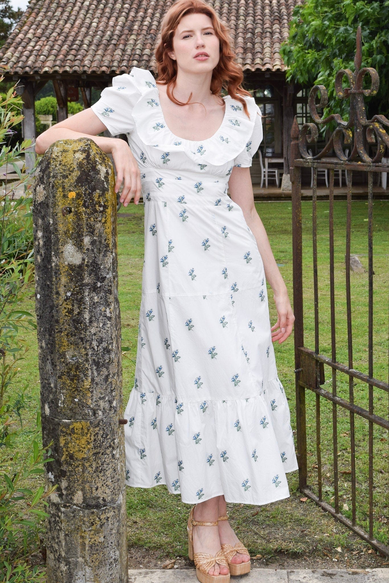 Robe longue Chloé en jacquard fleuri bleu vert