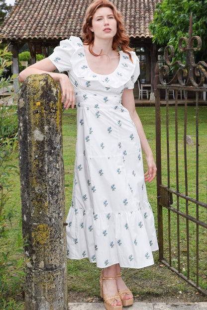 Robe longue Chloé en jacquard fleuri bleu vert
