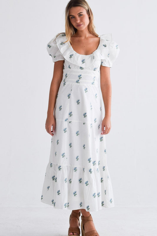 Robe longue Chloé en jacquard fleuri bleu vert