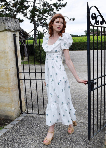 Robe longue Chloé en jacquard fleuri bleu vert