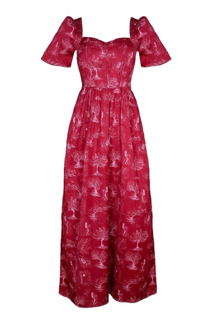 Robe longue Beatrice à décolleté en cœur / Toile de coton rouge rubis + albâtre