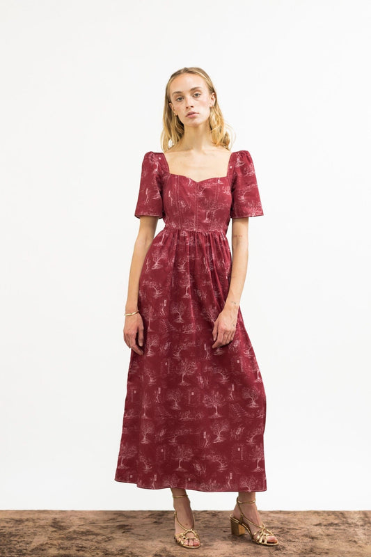 Robe longue Beatrice à décolleté en cœur / Toile de coton rouge rubis + albâtre