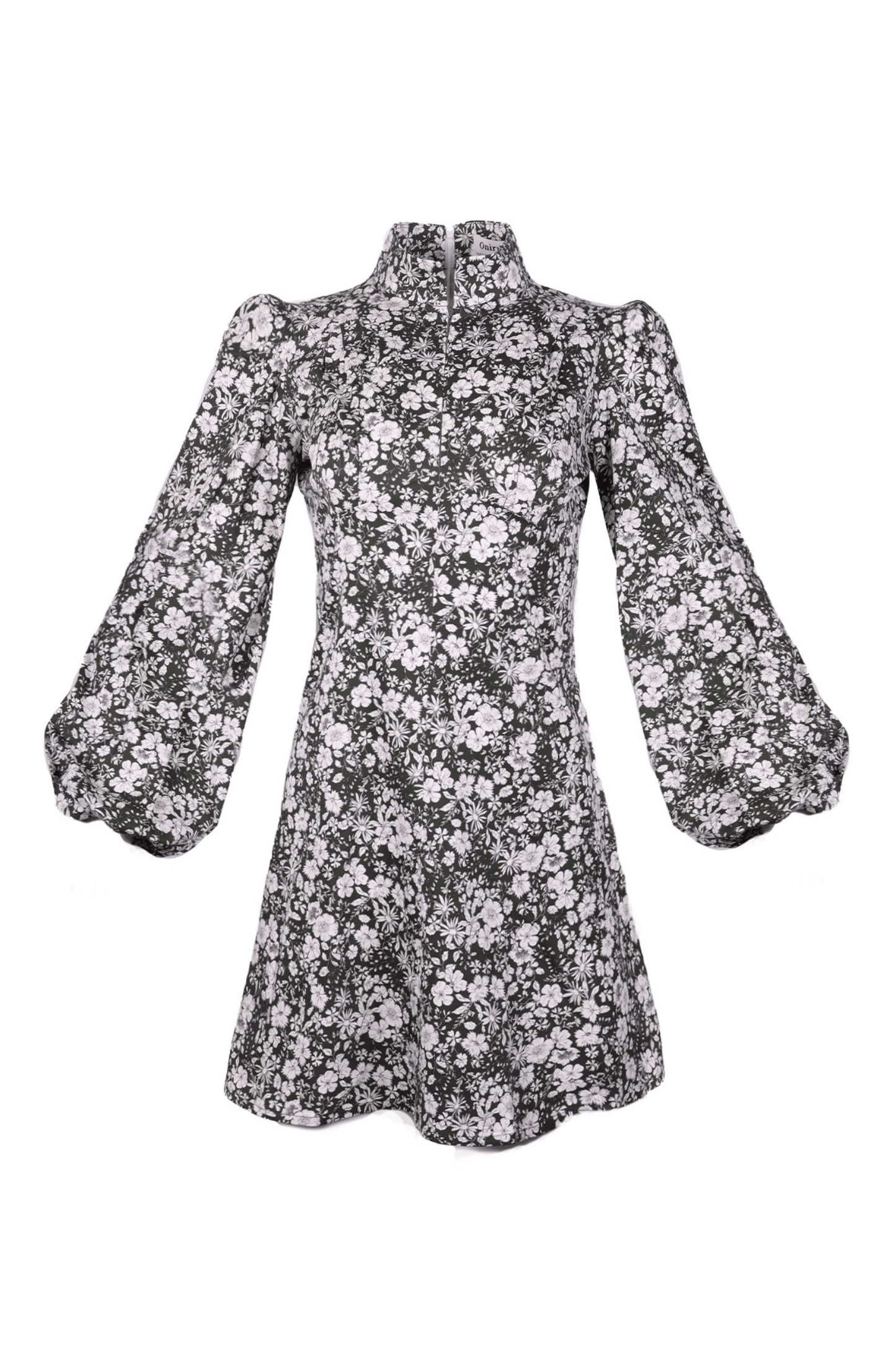 Robe courte empire à col montant Jane / Coton fleuri vert forêt et blanc laiteux