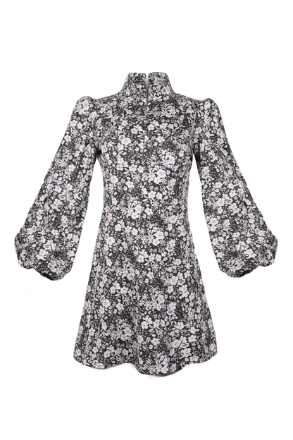 Robe courte empire à col montant Jane / Coton fleuri vert forêt et blanc laiteux